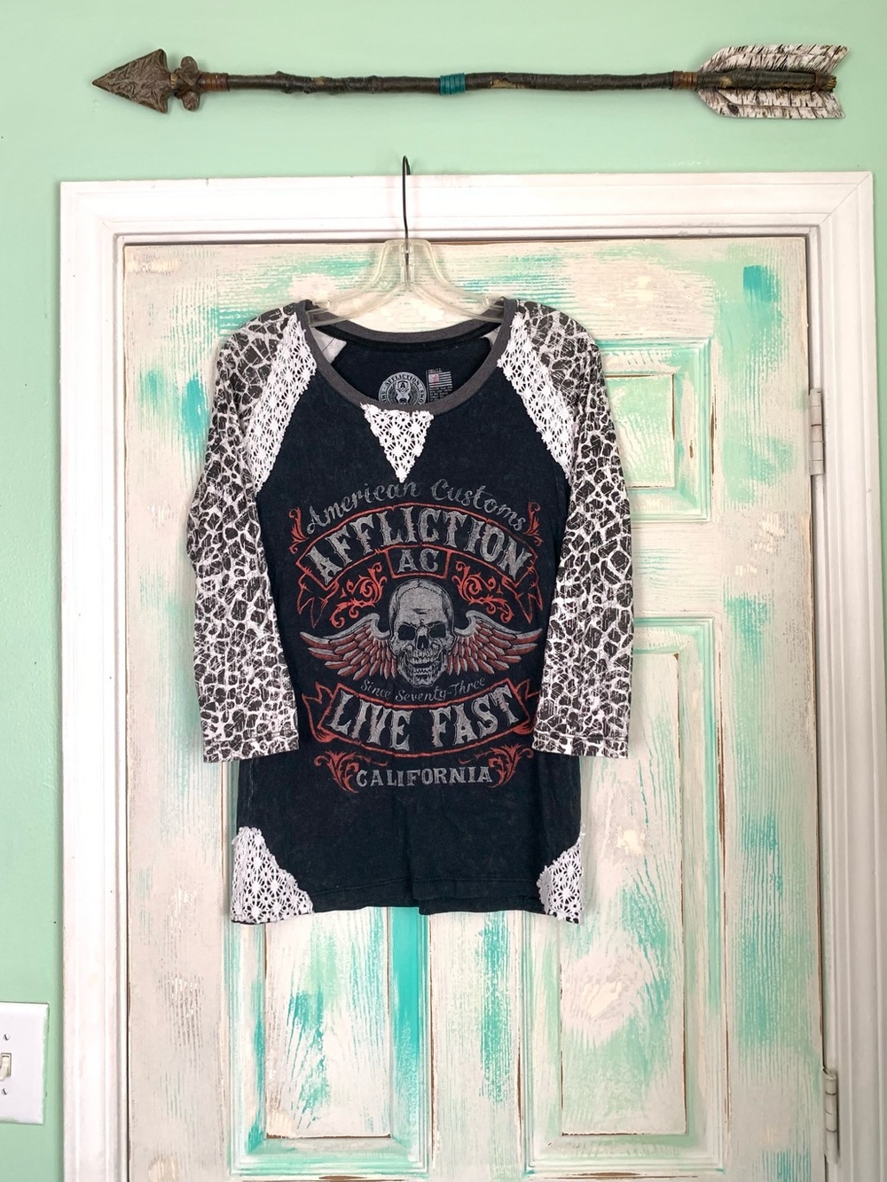 Affliction Buckle Animal Cheetah Print Lace 3/4 Sleeve Graphic T-Shirt Small
